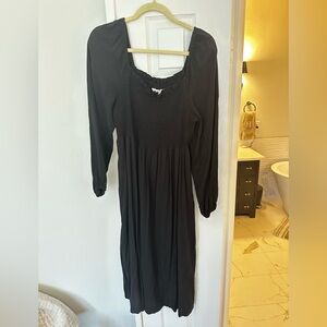 Black Square Neck Bishop Sleeve Knee-Length Sundress